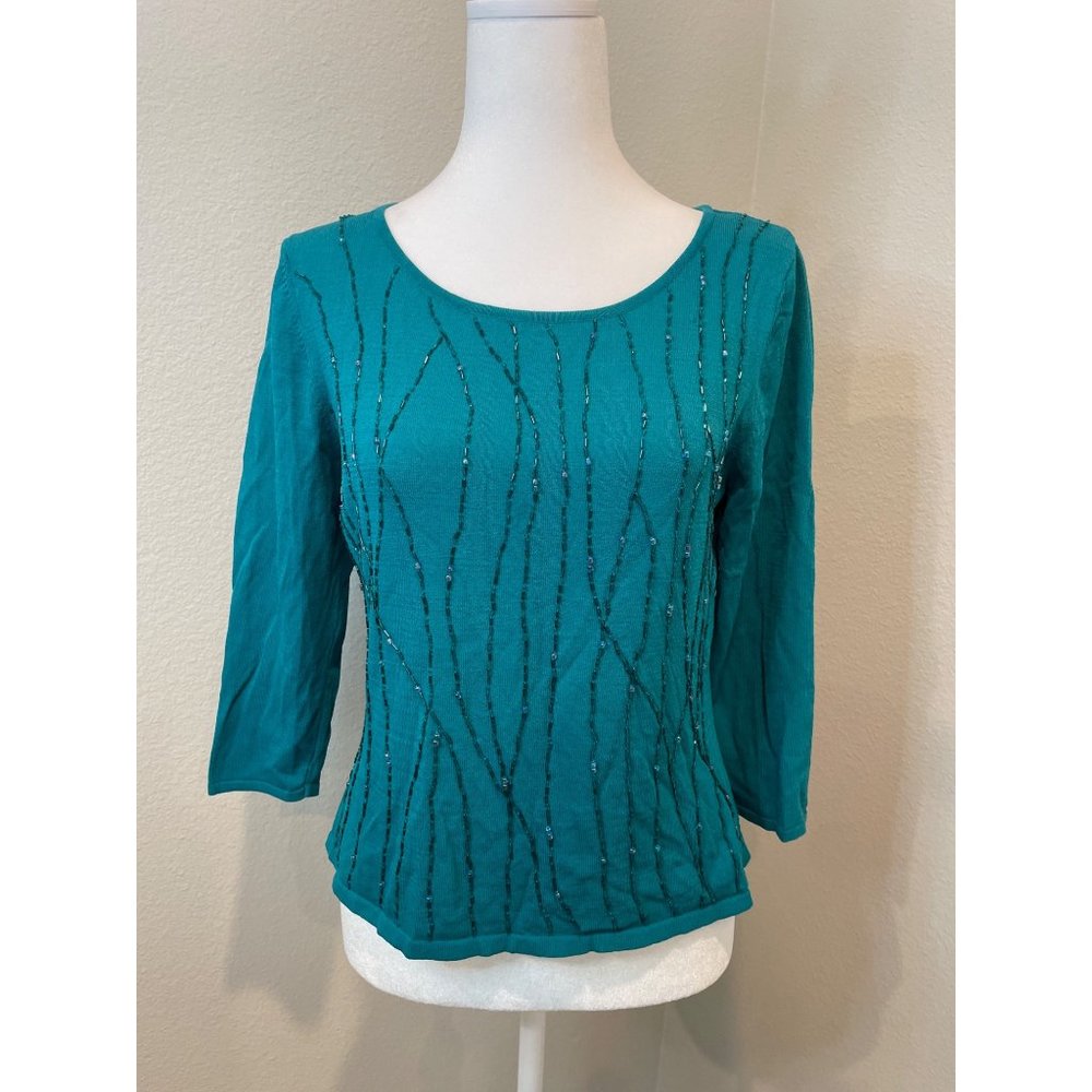 Bob Mackie Teal Bead Detail 3/4 Sleeve Blouse